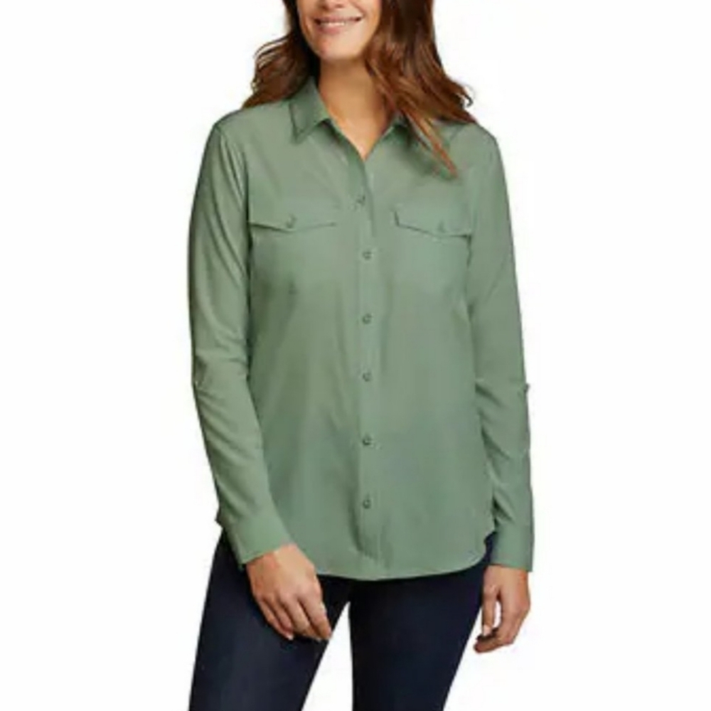 NWT Eddie Bauer Long Sleeved Blouse Green Departure Shirt Women's Medium Casual
